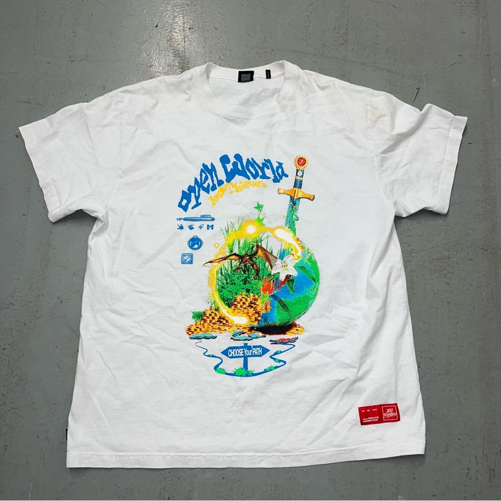 100 thieves White Graphic T-Shirt with Colorful Design